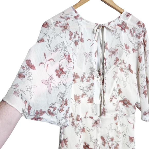 Lulus Women's Floral V-Neck Back Cut Out Neutral Flowy Sheer Ruffle Mini Dress - Picture 11 of 16